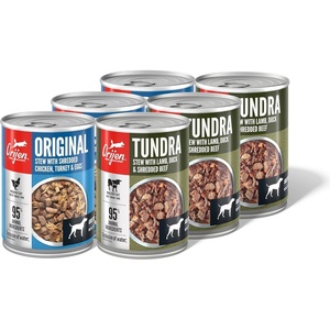 image:imageORIJEN Real Meat Shreds Wet Dog Food Variety Pack Tundra  Original Recipes 128oz Cans 6 Count 3 of Each
