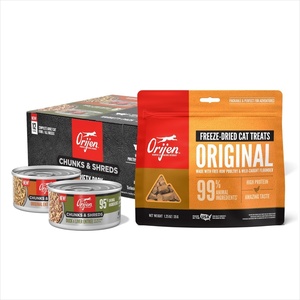 image:imageBundle of ORIJEN Chunks amp Shreds Wet Cat Food Variety Pack Original  Duck amp Liver Recipes 3oz Cans  ORIJEN Freeze Dried Cat Treats Grain Free High Protein Raw Animal Ingredients Original 125oz Bag