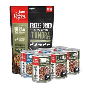 image:imageBundle of ORIJEN Epic Bites FreezeDried Dry Dog Food Tundra Recipe 6oz Bag  ORIJEN Real Meat Shreds Wet Dog Food Variety Pack Tundra  Original Recipes 128oz Cans 6 Count 3 of Each